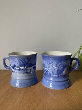 Vintage Currier & Ives Blue Transfer Winter Scene Mugs Set of 2